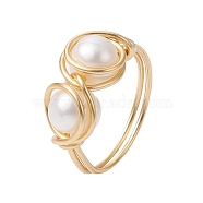 Natural Pearl Braided Bead Style Finger Ring, Golden Alloy Wire Wrap Ring for Women, Old Lace, Inner Diameter: Us Size 7 1/4(17.5mm)(RJEW-JR00614)