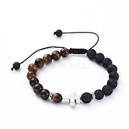Natural Lava Rock & Tiger Eye Beads Adjustable Braided Bracelets, with Tibetan Style Alloy Beads, Cross, Antique Silver, 2-3/8 inch(59mm)~3-5/8 inch(93mm)(BJEW-JB04987-02)