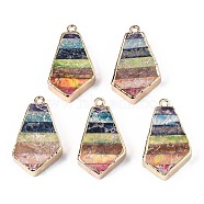 Rainbow Color Natural Imperial Jasper Pendants, with Golden Iron Loop and Edge, Dyed, Quadrangle, 30~31x17.5x6~7mm, Hole: 1.6mm(G-S359-329)
