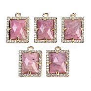 Natural Rhodonite Faceted Rectangle Pendants, Rack Plating Brass Micro Pave Cubic Zirconia Charms, Golden, 15.5x11.5x4.5mm, Hole: 1.4mm(G-I375-05G-03)