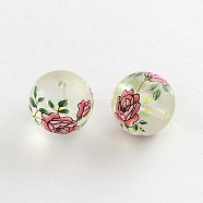 Flower Picture Frosted Transparent Glass Round Beads, Pale Violet Red, 14x13mm, Hole: 1.5mm(GFB-R004-14mm-H11)