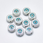 Alloy Enamel Beads, Flat Round with Eye, Platinum, Dark Cyan, 10x5mm, Hole: 1.2mm(X-ENAM-S117-07B)