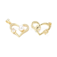 Eco-friendly Rack Plating Brass Micro Pave Cubic Zirconia Pendants, with Plastic Imitation Pearl, Cadmium Free & Lead Free, Heart Charm, Long-Lasting Plated, Real 18K Gold Plated, 16.5x22x7mm, Hole: 5x3.5mm(KK-F845-43G)