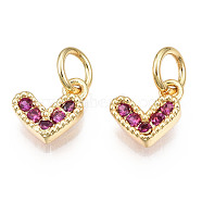 Brass Micro Pave Cubic Zirconia Charms, with Jump Ring, Heart, Real 16K Gold Plated, Nickel Free, Medium Violet Red, 8x8x2mm, Jump Ring: 5x1mm, 3mm inner diameter(KK-N227-33G-06-NF)