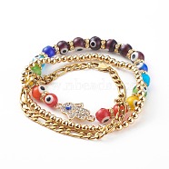 Chakra Stretch Bracelets & Chain Bracelets Sets, with Evil Eye Lampwork Beads, 304 Stainless Steel Figaro Chains and Brass Round Beads, Hamsa Hand, Colorful, Golden, 2-1/4 inch(5.6cm), 7-5/8 inch(19.5cm), 2-3/8 inch(6cm), 3pcs/set(BJEW-JB06193)