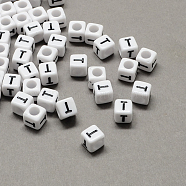 Large Hole Acrylic Letter European Beads, Horizontal Hole, White & Black, Cube with Letter.T, 6x6x6mm, Hole: 4mm, about 2950pcs/500g(SACR-Q103-6mm-01T)
