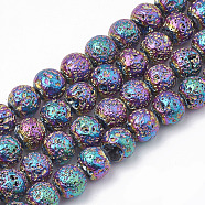 Electroplated Natural Lava Rock Beads Strands, Round, Bumpy, Colorful, 8~8.5mm, Hole: 1mm, about 46pcs/strand, 14.5 inch(X-G-T098-01C-01)