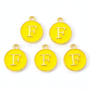 Golden Plated Alloy Enamel Charms, Enamelled Sequins, Flat Round with Letter, Gold, Letter.F, 14x12x2mm, Hole: 1.5mm(ENAM-S118-09F)
