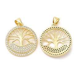 Rack Plating Brass Pendants, with Cubic Zirconia, Round with Tree, Real 16K Gold Plated, 22.5x20x3.5mm, Hole: 4x3.5mm(KK-R146-10G)