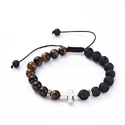 Natural Lava Rock & Tiger Eye Beads Adjustable Braided Bracelets, with Tibetan Style Alloy Beads, Cross, Antique Silver, 2-3/8 inch(59mm)~3-5/8 inch(93mm)(BJEW-JB04987-02)