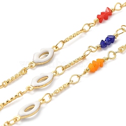 Handmade Brass Enamel Lip Link Chains, Glass Beaded Chains, Real 18K Gold Plated, Soldered, with Spool, Cadmium Free & Lead Free, Mixed Color, Bead Link: 15.5~16x2~2.5x2~2.5mm, Lip: 12.5x5x2mm(CHC-M024-26G-02)