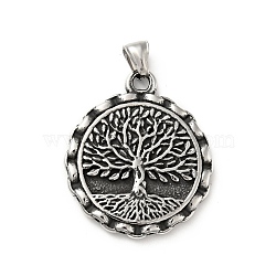 304 Stainless Steel Pendants, Flat Round with Tree of Life, Antique Silver, 44x38x4.5mm, Hole: 7x4.8mm(STAS-P309-15AS)