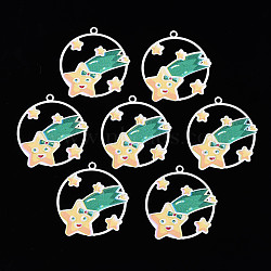 Spray Painted Brass Pendants, with Printed, Flat Round with Meteor, Sea Green, 30.5x29x0.4mm, Hole: 1.8mm(KK-Q281-008)