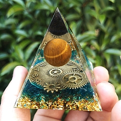 Orgonite Pyramid Resin Energy Generators, Reiki Natural Tiger Eye & Lampwok Chip & Metal Clock Inside for Home Office Desk Decoration, 60mm(PW-WG96568-01)