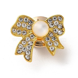 Zinc Alloy Rhinestone Brooches, with Plastic Imitation Pearls & Butterfly Clutches, Bowknot, 16.5x19x4mm(JEWB-F022-04B)