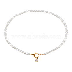 1Pc Brass Clear Cubic Zirconia Letter Pendant Necklaces, White Imitation Pearl Beaded Necklaces, with Stainless Steel Toggle Clasps, Lead Free & Nickel Free & Cadmium Free, Golden, Letter B, 17.72~18.23 inch(45~46.3cm)(NJEW-LP0001-32B)
