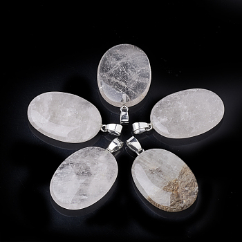 Natural Smoky Quartz Pendants, with Iron Snap On Bails, Oval, Platinum, 38~39x24~25x5~8mm, Hole: 4x5.5mm