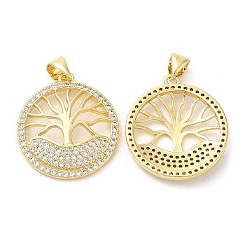 Rack Plating Brass Pendants, with Cubic Zirconia, Round with Tree, Real 16K Gold Plated, 22.5x20x3.5mm, Hole: 4x3.5mm