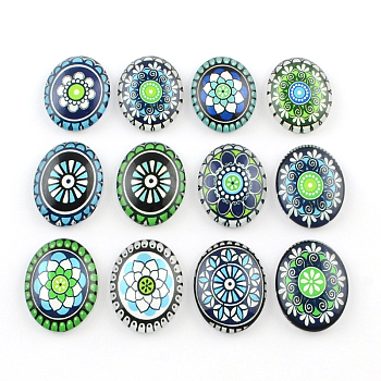 Geometric Flower Pattern Glass Oval Flatback Cabochons for DIY Projects, Mixed Color, 35x25x6.5mm