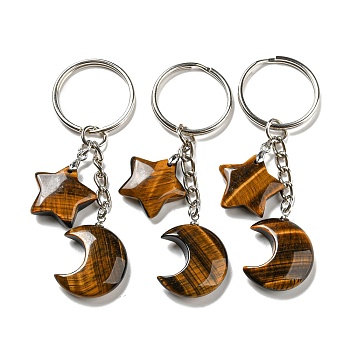 Reiki Natural Tiger Eye Moon & Star Pendant Keychains, with Iron Keychain Rings, 7.8cm