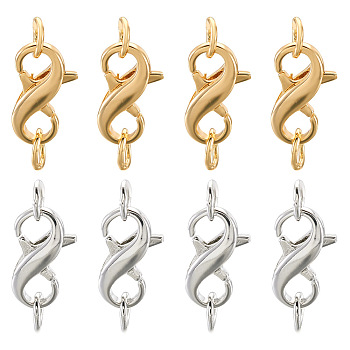 8Pcs 2 Colors Brass Double Opening Lobster Claw Clasps, with Rings, Platinum & Golden, 12x8mm, 4pcs/color
