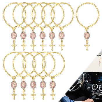 12Pcs Oval with Virgin Mary & Cross Alloy & Iron Pendant Decoration, for Rear View Mirror Car Interior Decor, Pink, 210mm