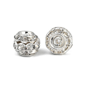 Brass Crystal Rhinestone Beads, Cadmium Free & Lead Free, Grade A, Barrel, Silver, 9x10mm, Hole: 1.5mm