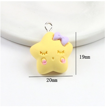 Opaque Resin Pendants, with Platinum Tone Iron Loops, Sleeping Star with Bowknot, Champagne Yellow, 24x19x8.5mm, Hole: 2mm