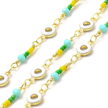 Handmade Glass Beaded Chains, with Brass Enamel Donut Links, Soldered, with Spool, Cadmium Free & Lead Free, Real 18K Gold Plated, Donut: 11.5x6.5x2.5mm, Beads Link: 19x3.5x3.5mm