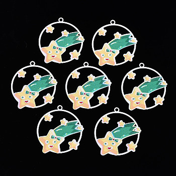 Spray Painted Brass Pendants, with Printed, Flat Round with Meteor, Sea Green, 30.5x29x0.4mm, Hole: 1.8mm