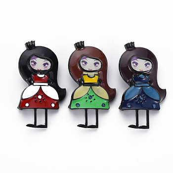 Girl with Crown Enamel Pin, Alloy Brooch with Stickers for Backpack Clothes, Electrophoresis Black, Nickel Free & Lead Free, Mixed Color, 52x28.5x13mm, Pin: 0.8mm