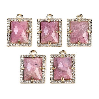 Natural Rhodonite Faceted Rectangle Pendants, Rack Plating Brass Micro Pave Cubic Zirconia Charms, Golden, 15.5x11.5x4.5mm, Hole: 1.4mm