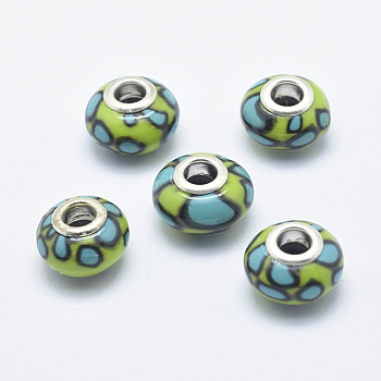 Handmade Polymer Clay European Beads, with Silver Color Plated Brass Cores, Large Hole Beads, Rondelle, Colorful, 13~16x8~11mm, Hole: 4.5~5mm