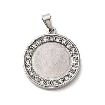 304 Stainless Steel Pendant Cabochons Settings, with Crystal Rhinestone, Flat Round Charms, Stainless Steel Color, Tray: 15mm, 24.5x21.5x3mm, Hole: 6x3mm