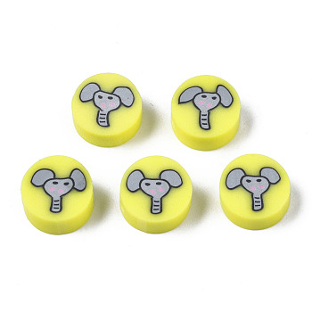 Handmade Polymer Clay Beads, for DIY Jewelry Crafts Supplies, Flat Round with Elephant, Yellow, 9~9.5x3.5~5mm, Hole: 1.6mm