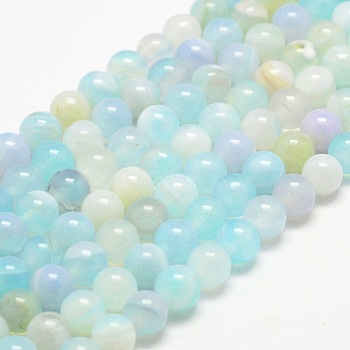 Natural Striped Agate/Banded Agate Bead Strands, Round, Dyed & Heated, Aquamarine, 8mm, Hole: 1mm, about 47~48pcs/strand, 14.5 inch