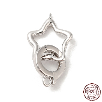 Rhodium Plated 925 Sterling Silver Fold Over Clasps, Star, with 925 Stamp, Real Platinum Plated, star: 14x11.5x2mm, Hole: 1mm, clasp: 10.5x9x1.5mm, Hole: 1.2mm