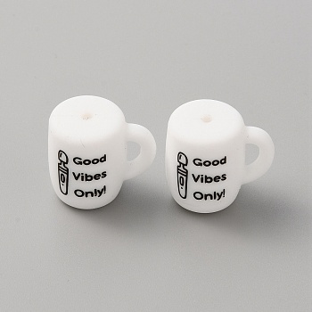 Cup with Word Ggood Vibes Only Silicone Beads, White, 20x22x16mm, Hole: 2mm, Inner Diameter: 8x4mm