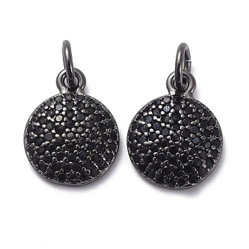 Brass Micro Pave Black Cubic Zirconia Charms, with Jump Rings, Flat Round, Gunmetal, 12.5x10x2.5mm, Hole: 3mm