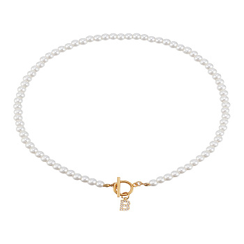 1Pc Brass Clear Cubic Zirconia Letter Pendant Necklaces, White Imitation Pearl Beaded Necklaces, with Stainless Steel Toggle Clasps, Lead Free & Nickel Free & Cadmium Free, Golden, Letter B, 17.72~18.23 inch(45~46.3cm)
