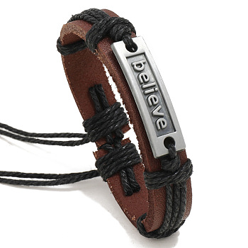 Adjustable Cowhide Cord Bracelets for Men, Antique Silver Tone Word Believe Alloy Links Bracelets, Black, 6-3/4~7-1/8 inch(17~18cm)