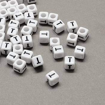 Large Hole Acrylic Letter European Beads, Horizontal Hole, White & Black, Cube with Letter.T, 6x6x6mm, Hole: 4mm, about 2950pcs/500g
