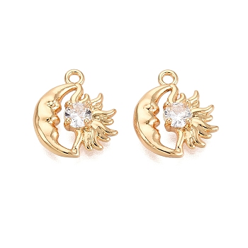 Brass Micro Pave Clear Cubic Zirconia Charms, Moon with Sun Charms, Real 18K Gold Plated, 14.5x13x4mm, Hole: 1.4mm