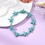 Synthetic Turquoise & Brass Beads Stretch Bracelets for Women Men, Starfish, Dyed, Dark Turquoise, Inner Diameter: 2.20 inch(5.6cm)(BJEW-JB13877-01)