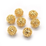 Hollow Brass Beads, Round, Real 18K Gold Plated, 7.5~8mm, Hole: 1.6mm(KK-L184-79G)