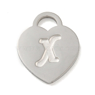 Non-Tarnish 304 Stainless Steel Pendants, Laser Cut, Heart with Letter Charm, Stainless Steel Color, Letter X, 15x12x1mm, Hole: 3x3.5mm(FIND-M017-01P-X)