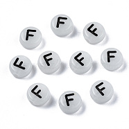 Acrylic Beads, with Enamel and Luminous, Horizontal Hole, Flat Round with Black Letter, Glow in the Dark, Light Grey, Letter.F, 7x3.5mm, Hole: 1.5mm, about 3600~3700pcs/500g(SACR-S273-29F)