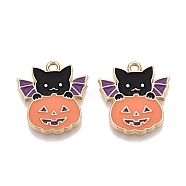 Halloween Theme Rack Plating Alloy Enamel Pendants, Golden, Cat with Pumpkin Charm, Orange, 19x17.5x1.5mm, Hole: 1.6mm(X-ENAM-N056-362)