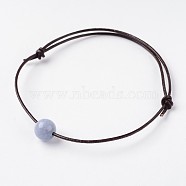 Adjustable Cowhide Leather Cord Bracelets, with Natural Quartz(Dyed) Round Beads, Imitation Aquamarine, 60mm(BJEW-JB01944-02)