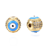 Brass Micro Pave Cubic Zirconia Beads, with Enamel, Real 18K Gold Plated, Round with Evil Eye, Nickel Free, Deep Sky Blue, 10mm, Hole: 2mm(KK-N227-88C)
